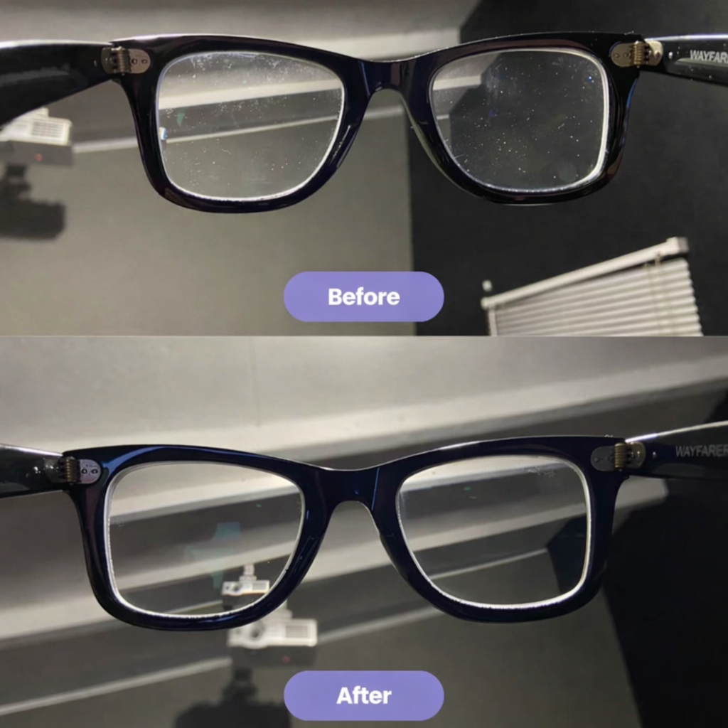 Glasses before and after ultrasonic cleaning with Lensio