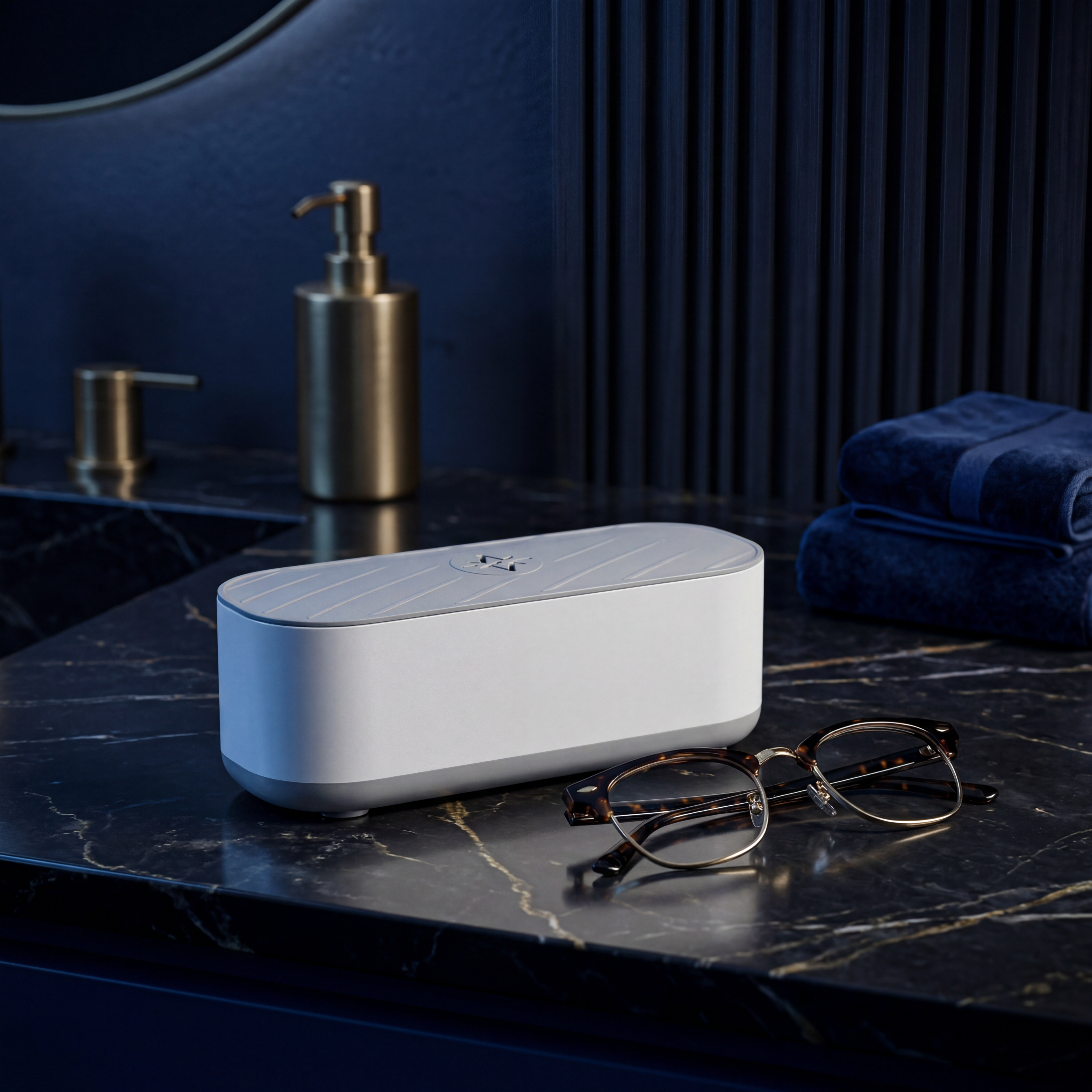 Lensio ultrasonic glasses cleaner on a bathroom counter