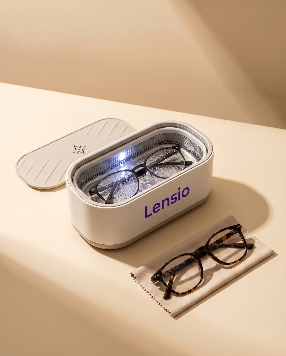 Lensio ultrasonic glasses cleaner in use
